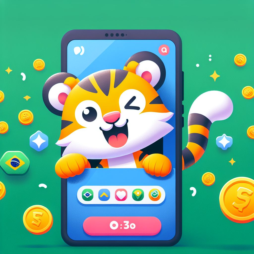 Personagem desenho animado 444tiger segurando um smartphone com ícones de app e elementos de jogo
