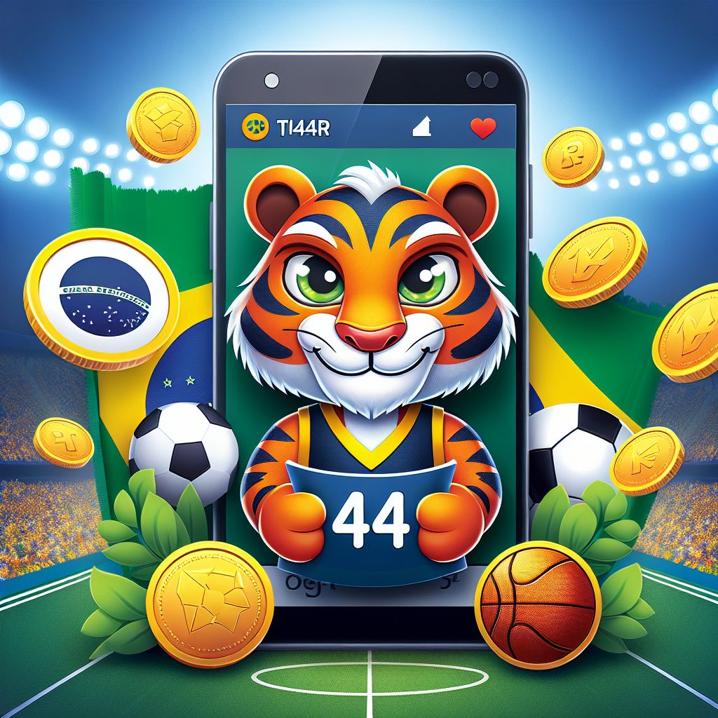 Personagem de desenho animado com tema 444tiger segurando um bilhete de apostas com ícones esportivos e moedas