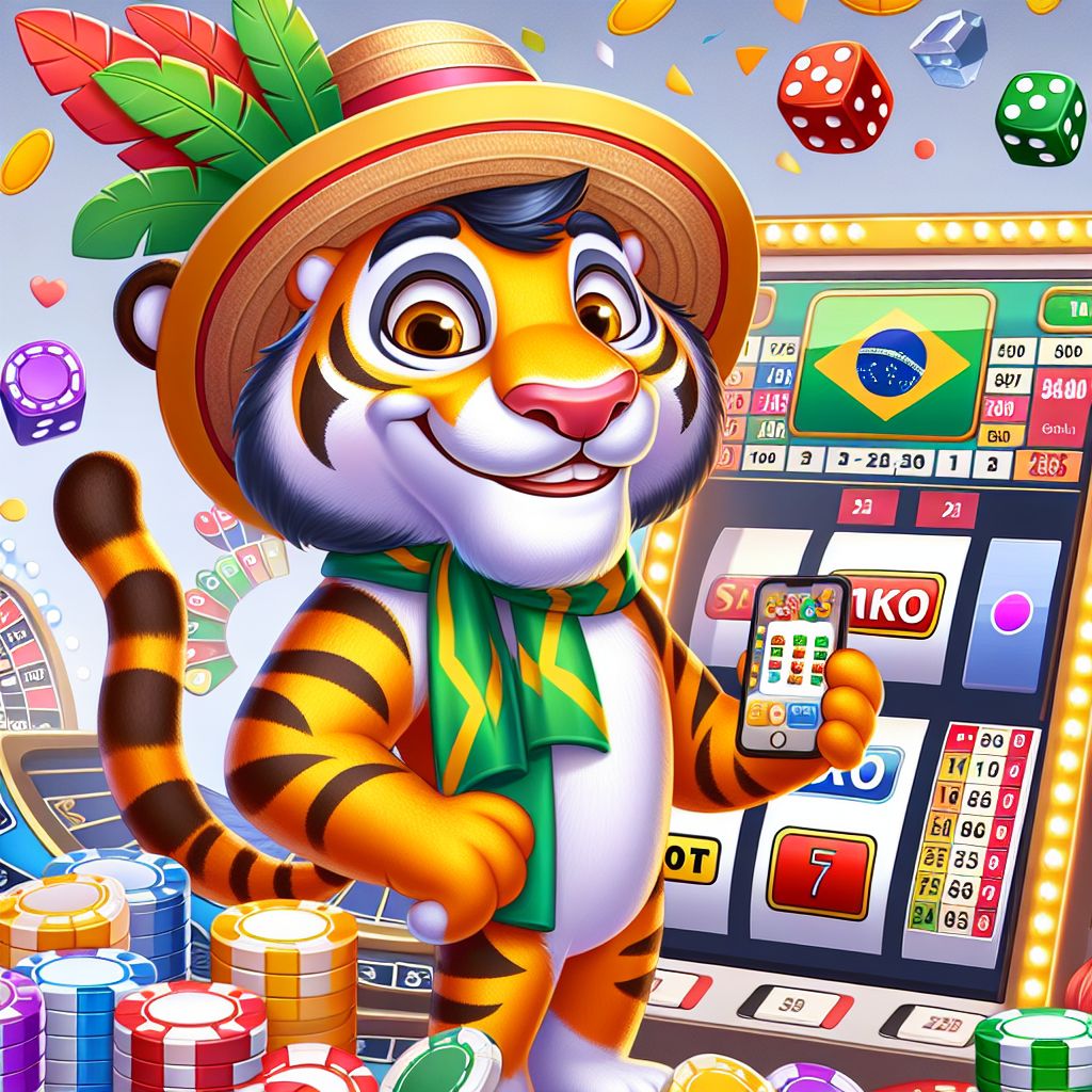 Personagem de desenho animado temático do 444tiger Casino com fichas, cartas e símbolos de slot