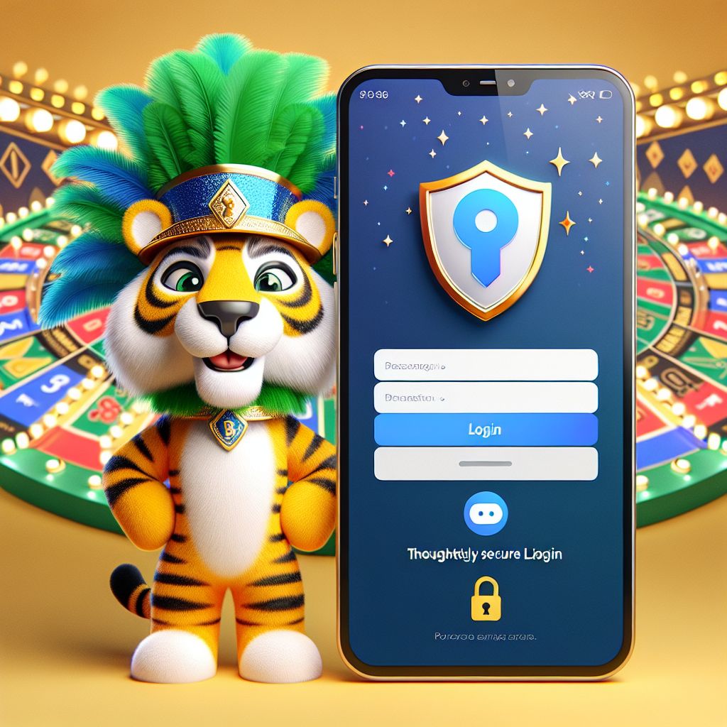 Mascote tigre de desenho animado em uma tela de login segura com um telefone e ícone de escudo