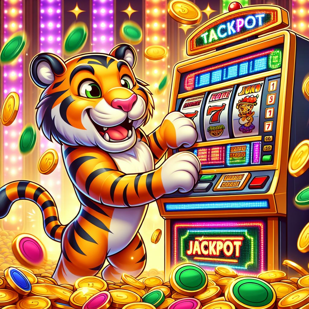 Personagem de tigre em desenho animado celebrando uma vitória em slot com moedas e rolos em um cenário temático do Brasil